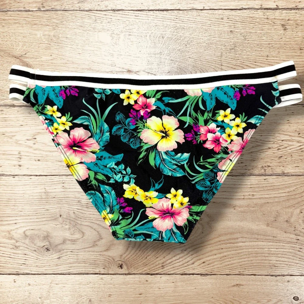 XHILARATION High Neck Halter Bikini Set Black Floral Tropical‎ Print Womens L